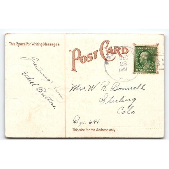 Vintage 1910 Christmas Postcard With Best Wishes Holly & Cottage Scene - Picture 2 of 2